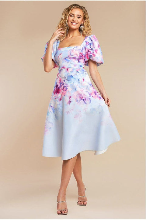 Printed Scuba Square Neck Puff Sleeve Midi Dress - Blue by Goddiva