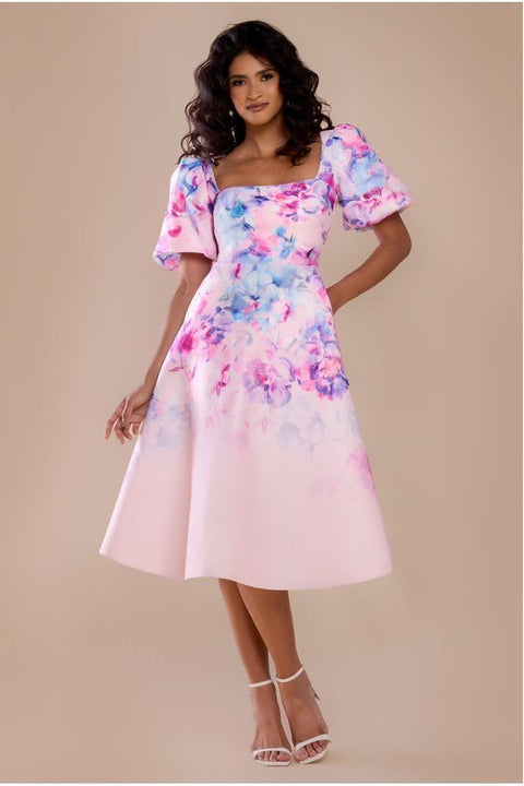 Printed Scuba Square Neck Puff Sleeve Midi Dress - Blush Pink by Goddiva
