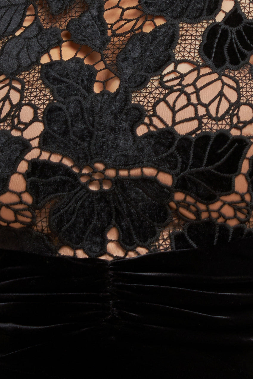 Scalloped Crochet & Velvet Midi Dress - Black DR4652M