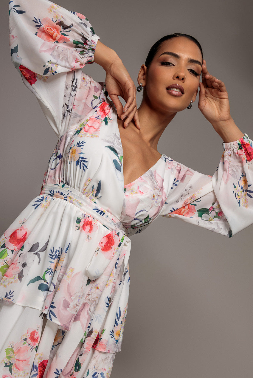 Sustainable Tiered Wrap Floral Mini Dress - White Floral DR4655BBS