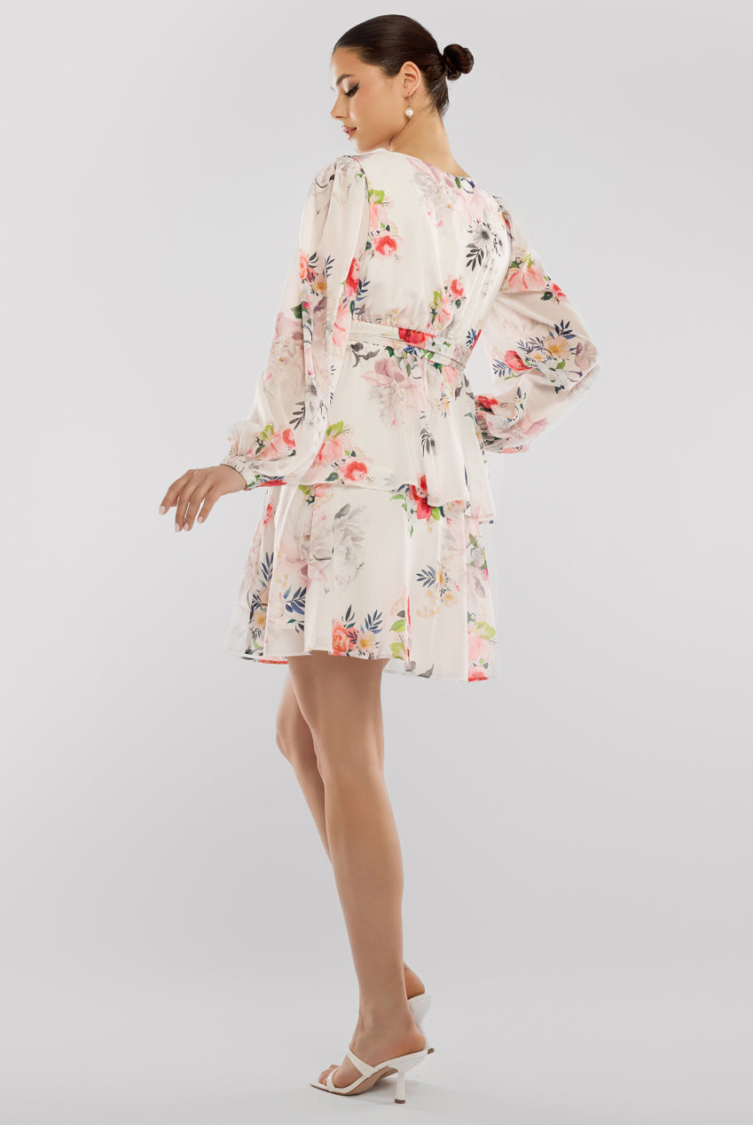 Sustainable Tiered Wrap Floral Mini Dress - White Floral DR4655BBS