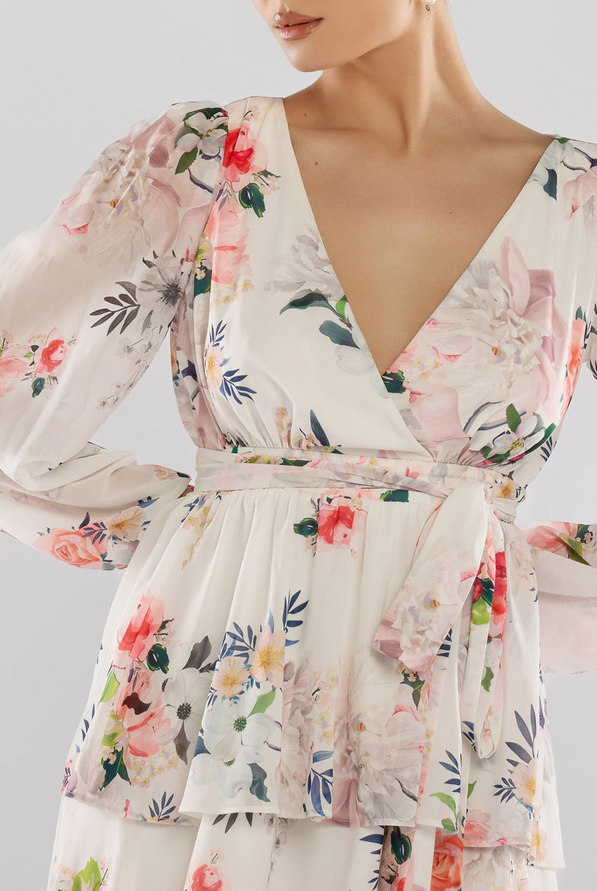 Sustainable Tiered Wrap Floral Mini Dress - White Floral DR4655BBS