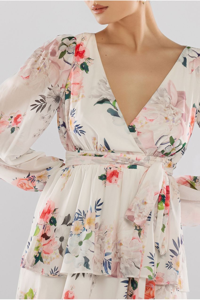Sustainable Tiered Wrap Floral Mini Dress - White Floral DR4655BBS