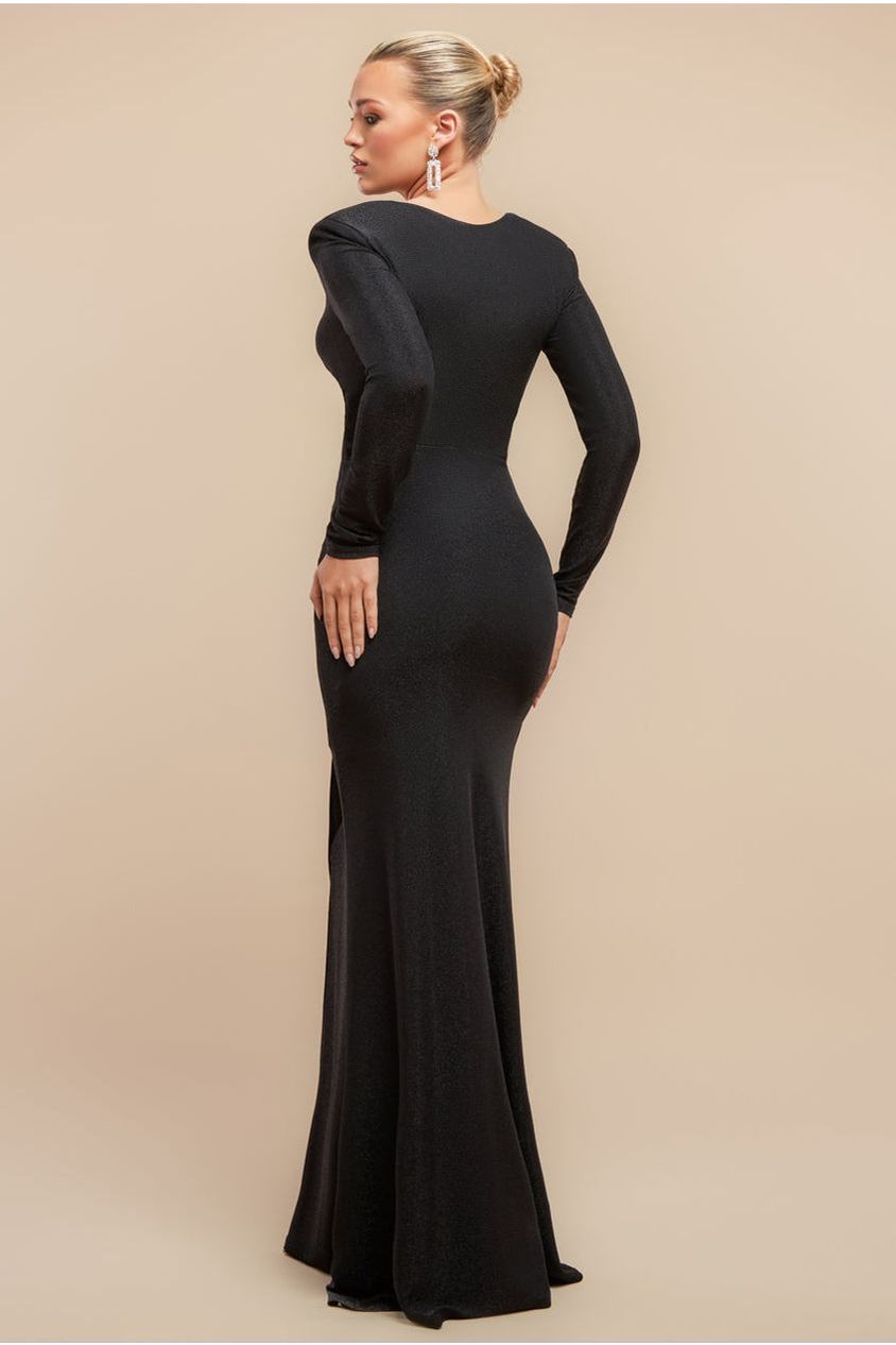 Front Wrap Lurex Bodycon Maxi Dress - Black DR4657