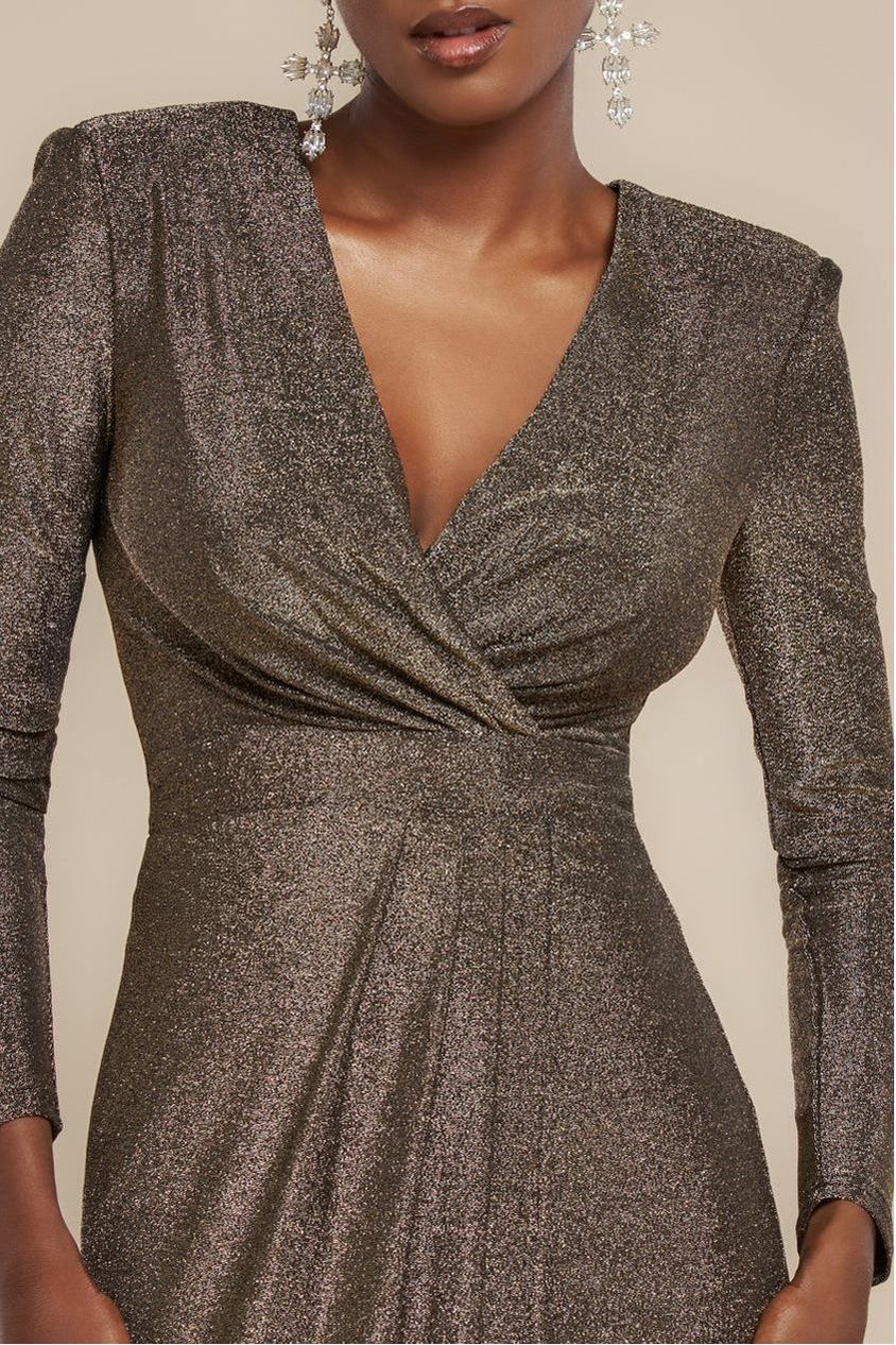 Front Wrap Lurex Bodycon Maxi Dress - Gold DR4657