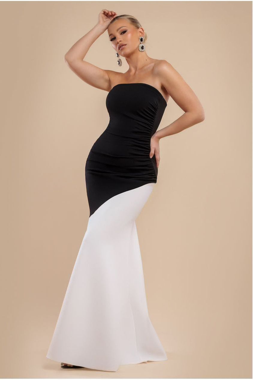 Sleeveless Mermaid Hem Monochrome Contrast Maxi Dress- Black Cream DR4668