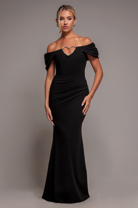 Diamante Heart Trim Evening Maxi Dress - Black by Goddiva