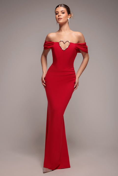 Diamante Heart Trim Evening Maxi Dress - Red by Goddiva
