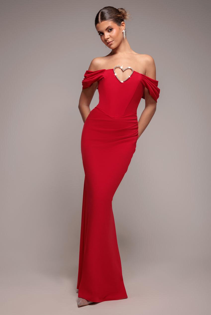 Diamante Heart Trim Evening Maxi Dress - Red DR4674