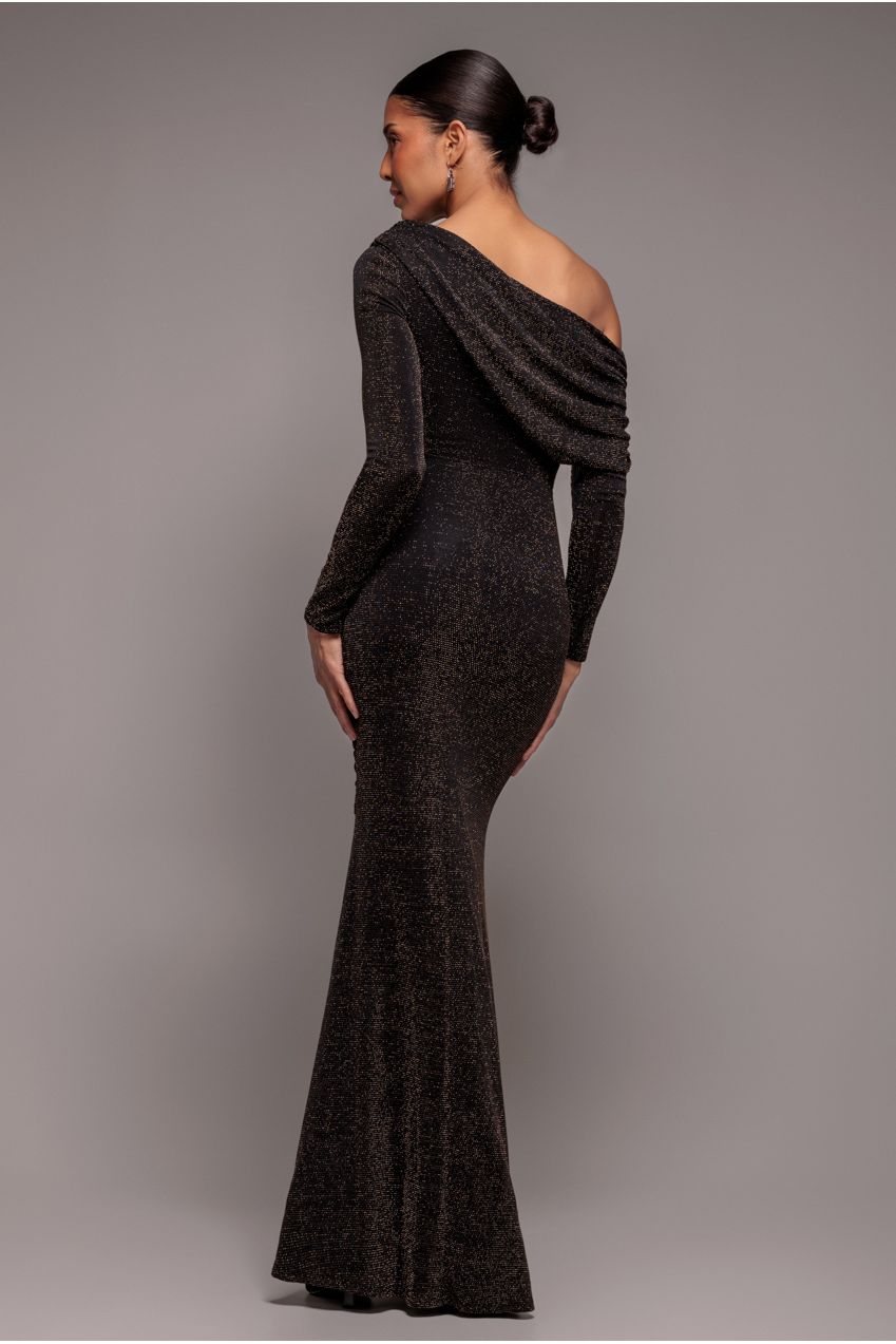 Off The Shoulder Gathered Panel Sparkle Lurex Maxi Dress - Black Gold DR4675