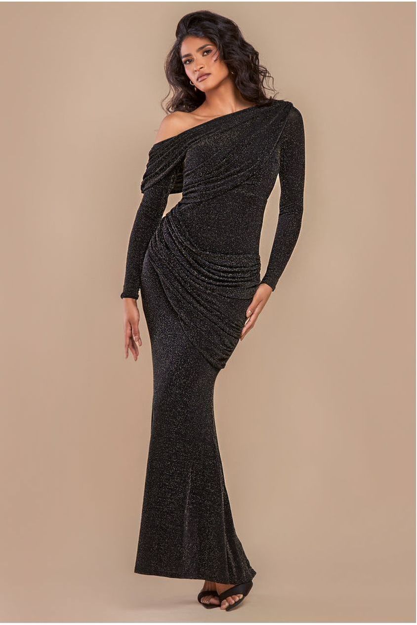 Off The Shoulder Gathered Panel Sparkle Lurex Maxi Dress - Black Gold DR4675