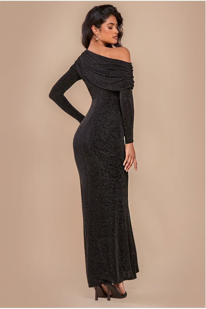 Off The Shoulder Gathered Panel Sparkle Lurex Maxi Dress - Black Gold DR4675