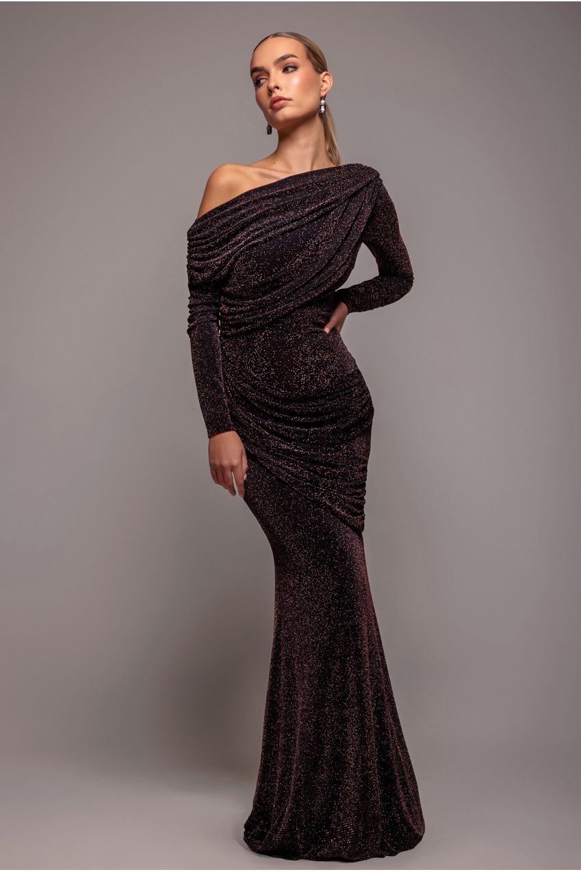 Off The Shoulder Gathered Panel Sparkle Lurex Maxi Dress - Black Rose | Goddiva Off The Shoulder Gathered Panel Sparkle Lurex Maxi Dress - Black Rose | Goddiva