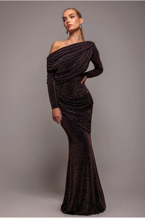 Off The Shoulder Gathered Panel Sparkle Lurex Maxi Dress - Black Rose by Goddiva