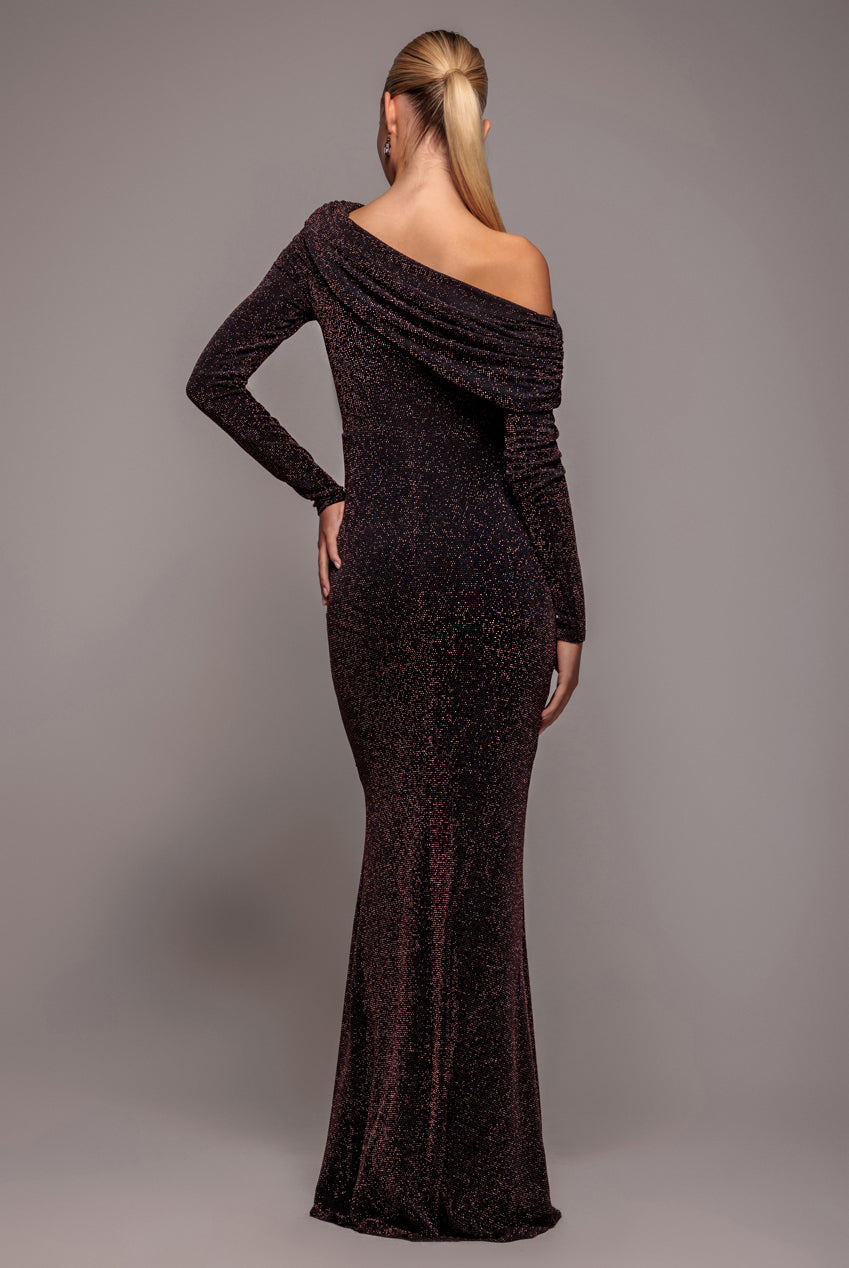 Off The Shoulder Gathered Panel Sparkle Lurex Maxi Dress - Black Rose DR4675