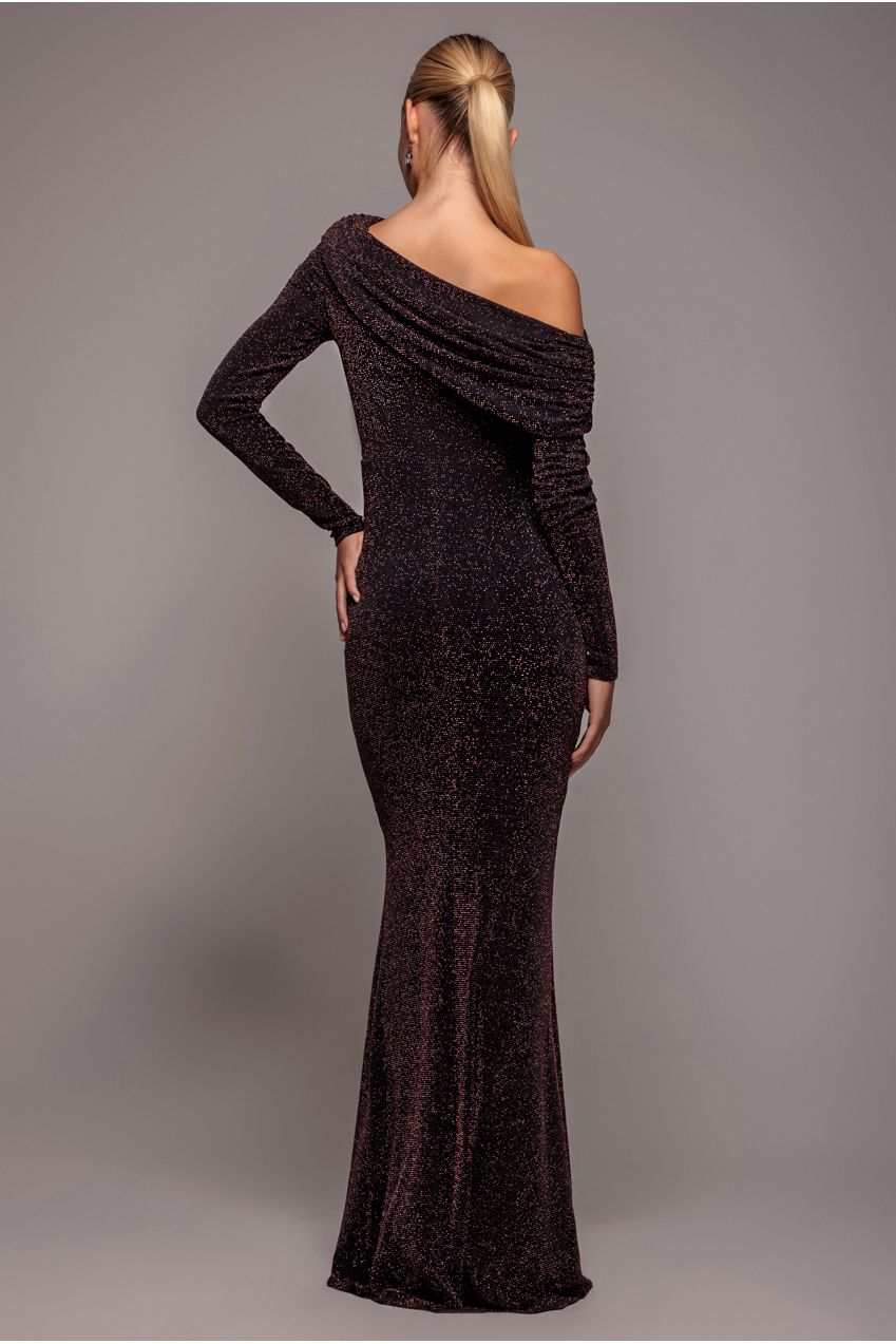 Off The Shoulder Gathered Panel Sparkle Lurex Maxi Dress - Black Rose DR4675