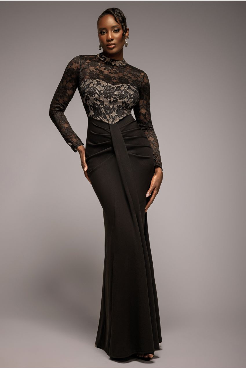 Lace High Neck Sheer Bodice Long Sleeve Maxi Dress - Black DR4677
