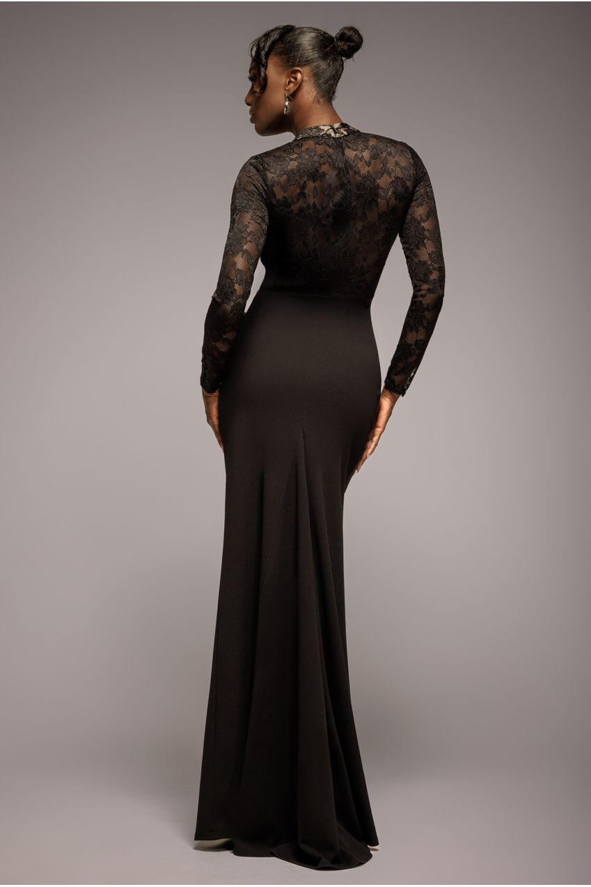 Lace High Neck Sheer Bodice Long Sleeve Maxi Dress - Black DR4677