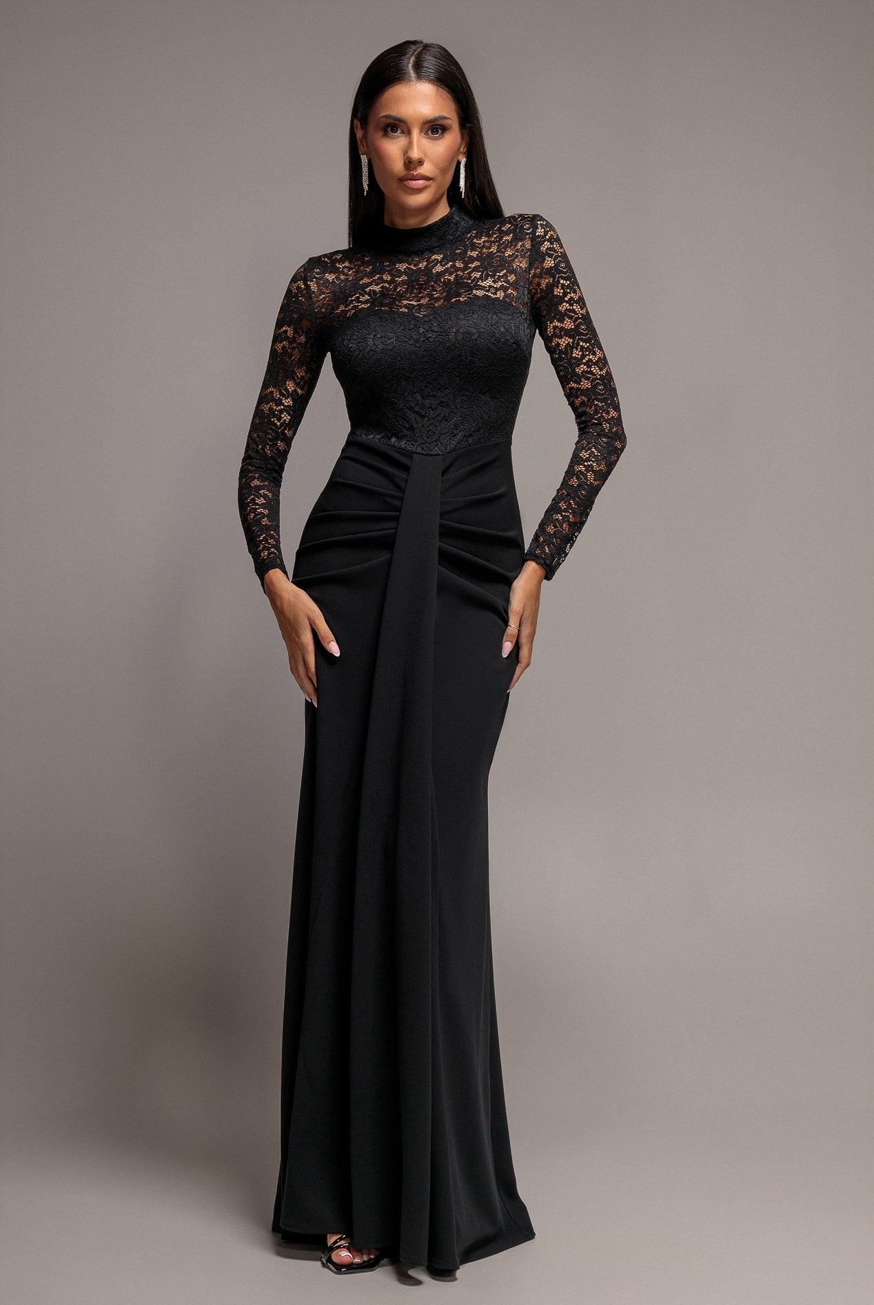Lace High Neck Sheer Bodice Long Sleeve Maxi Dress - Black DR4677
