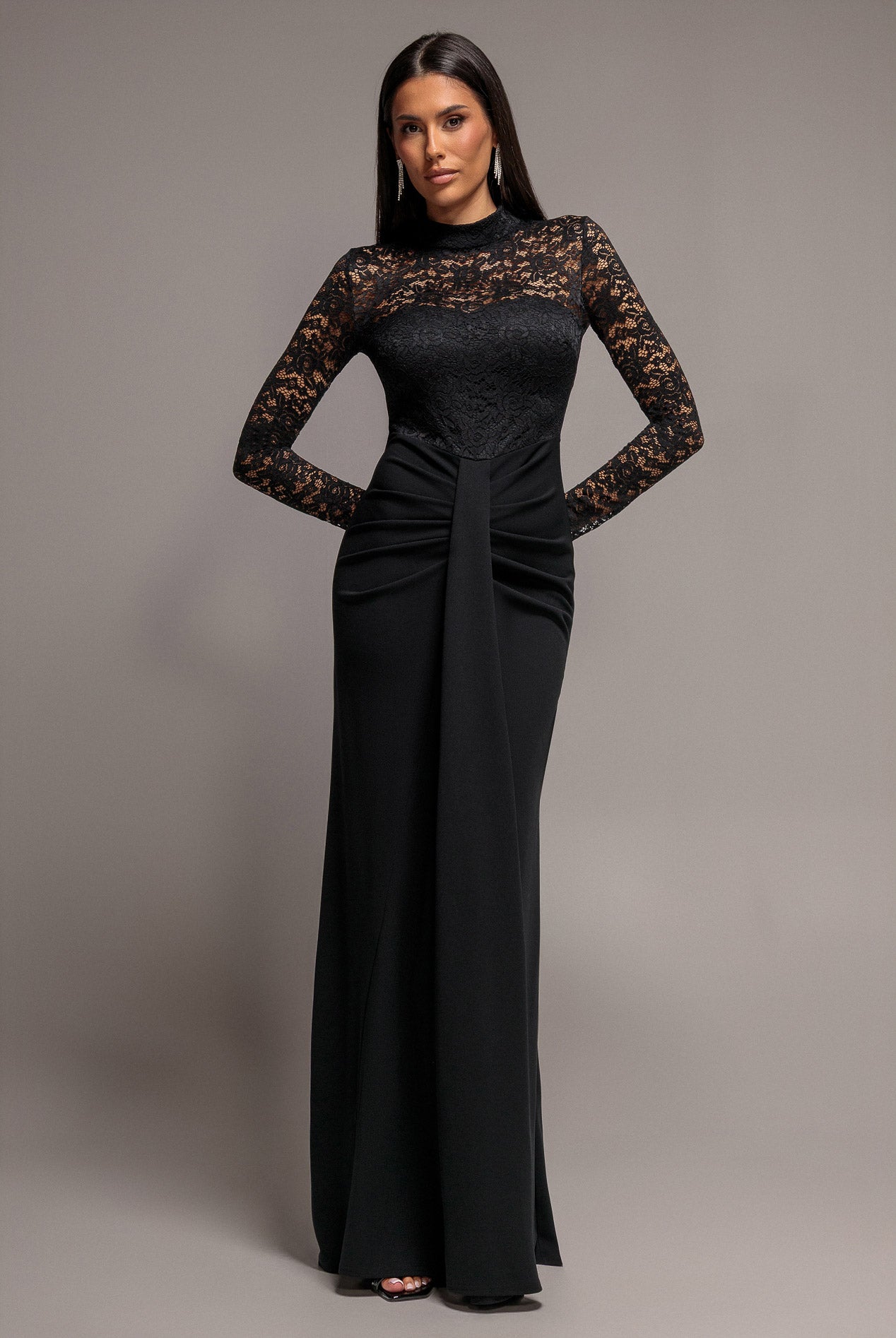 Lace High Neck Sheer Bodice Long Sleeve Maxi Dress - Black DR4677
