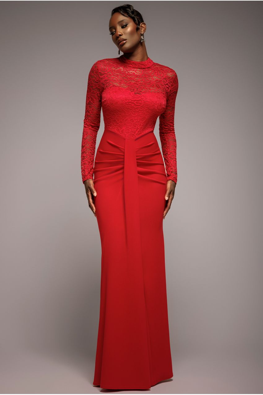 Lace High Neck Sheer Bodice Long Sleeve Maxi Dress - Red by Goddiva Lace High Neck Sheer Bodice Long Sleeve Maxi Dress - Red by Goddiva