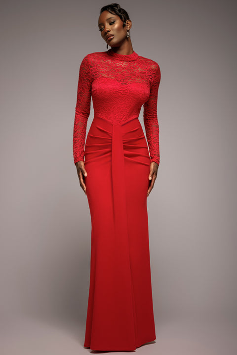 Lace High Neck Sheer Bodice Long Sleeve Maxi Dress - Red by Goddiva