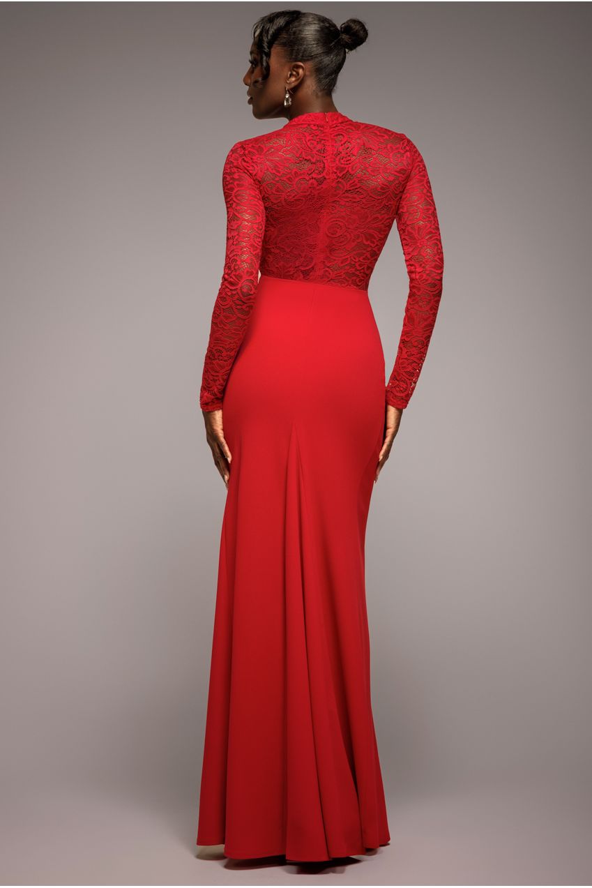 Lace High Neck Sheer Bodice Long Sleeve Maxi Dress - Red DR4677