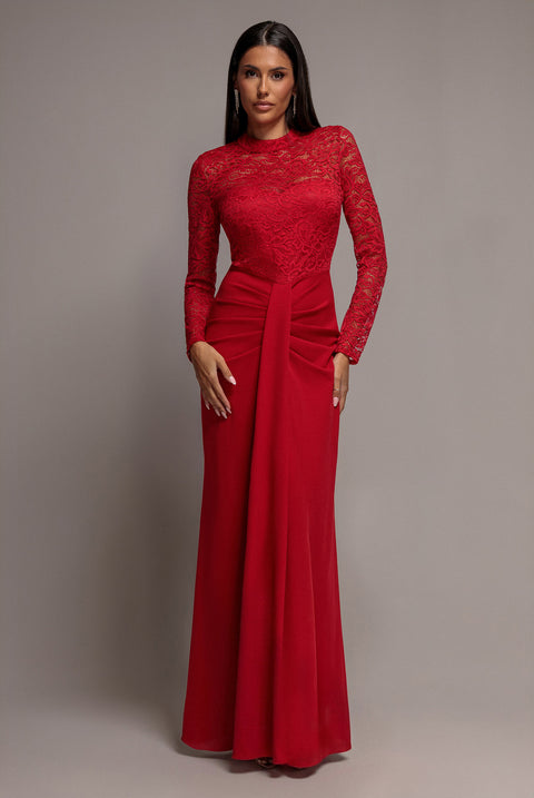 Lace High Neck Sheer Bodice Long Sleeve Maxi Dress - Red by Goddiva