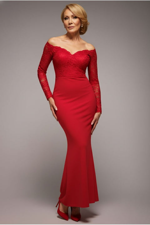 Scalloped Lace Bodice Long Sleeve Bardot Maxi Dress - Red by Goddiva