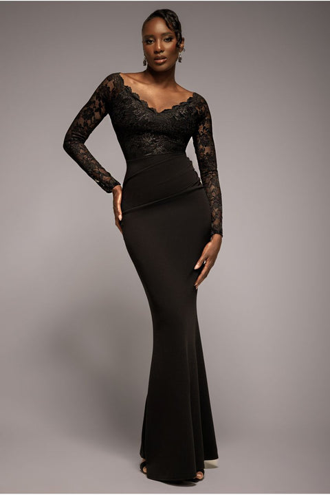 Scalloped Lace Bodice Long Sleeve Bardot Maxi Dress - Black by Goddiva