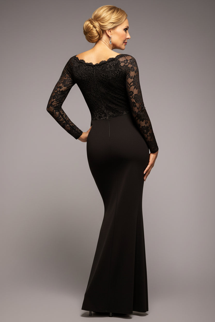 Scalloped Lace Bodice Long Sleeve Bardot Maxi Dress - Black DR4678M