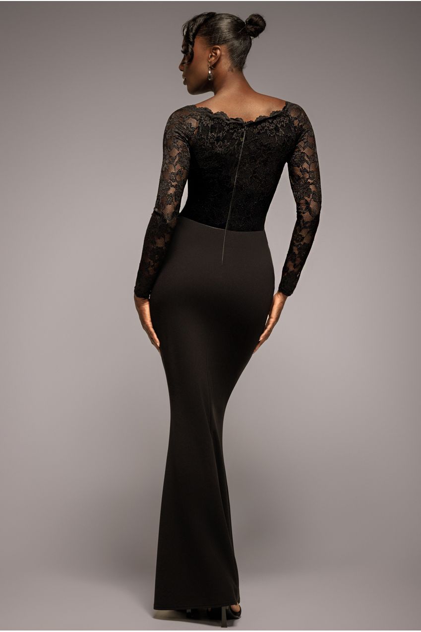 Scalloped Lace Bodice Long Sleeve Bardot Maxi Dress - Black DR4678