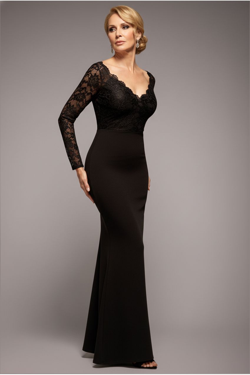 Scalloped Lace Bodice Long Sleeve Bardot Maxi Dress - Black DR4678M