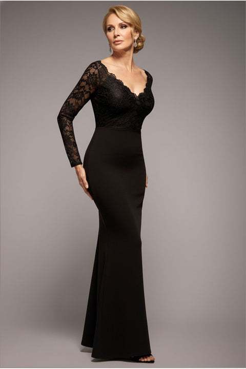 Scalloped Lace Bodice Long Sleeve Bardot Maxi Dress - Black by Goddiva