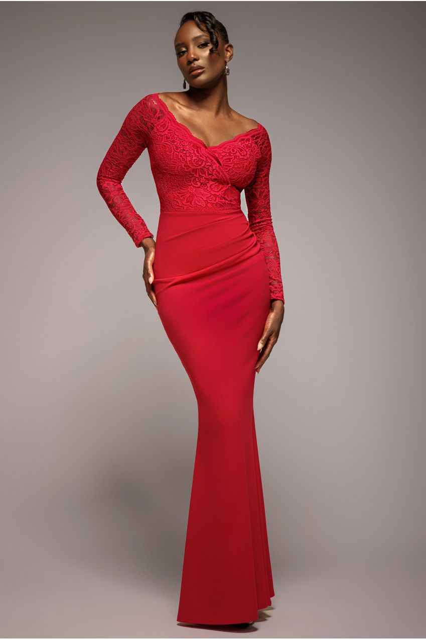 Scalloped Lace Bodice Long Sleeve Bardot Maxi Dress - Red DR4678