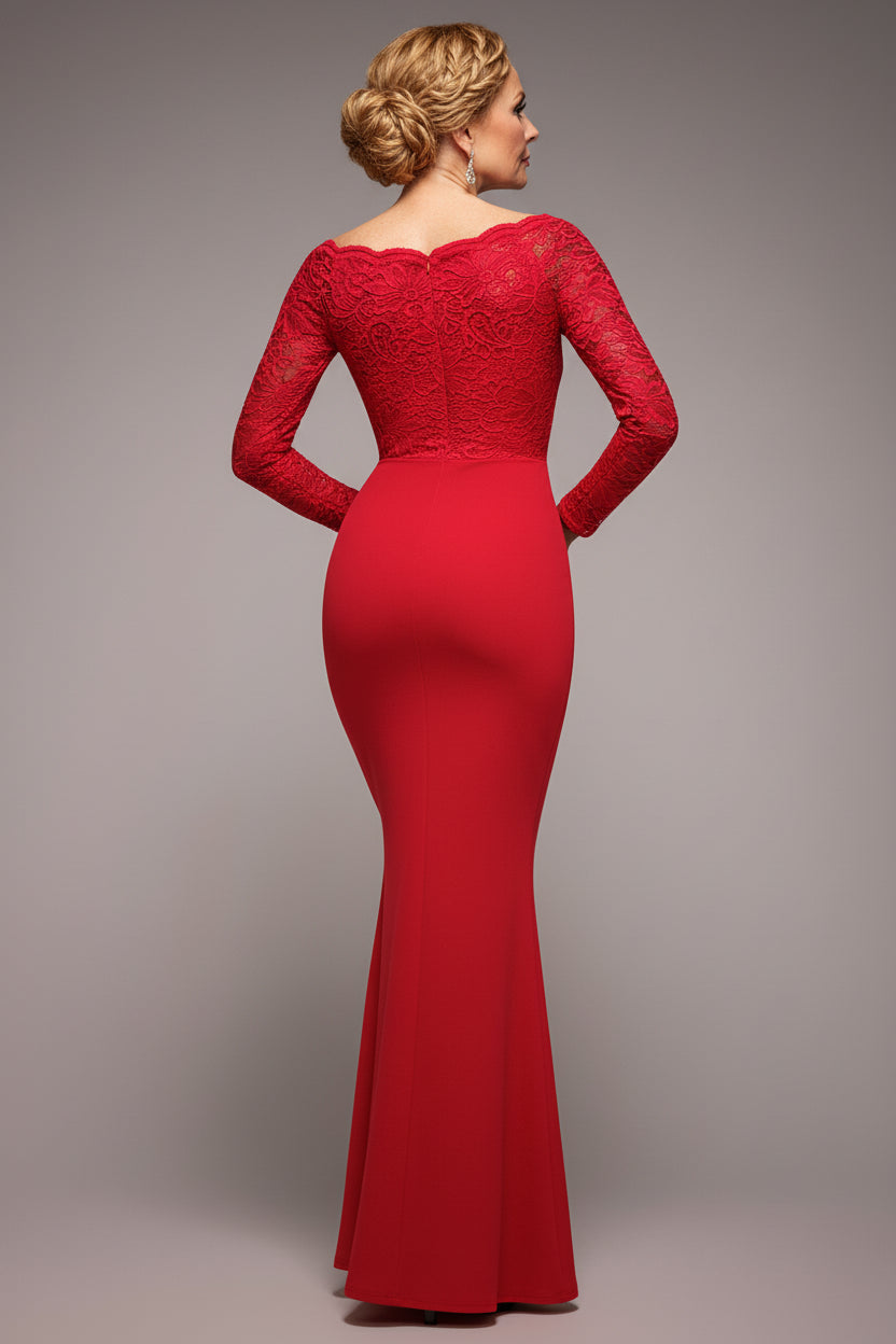 Scalloped Lace Bodice Long Sleeve Bardot Maxi Dress - Red DR4678M