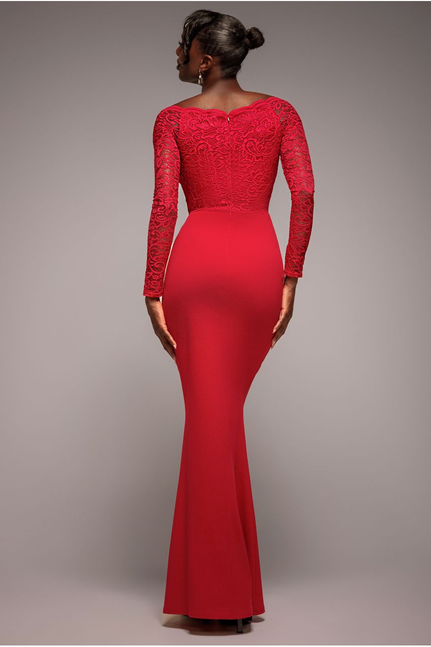 Scalloped Lace Bodice Long Sleeve Bardot Maxi Dress - Red DR4678