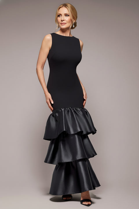 Boat Neck Satin & Scuba Crepe Tiered Maxi Dress - Black by Goddiva