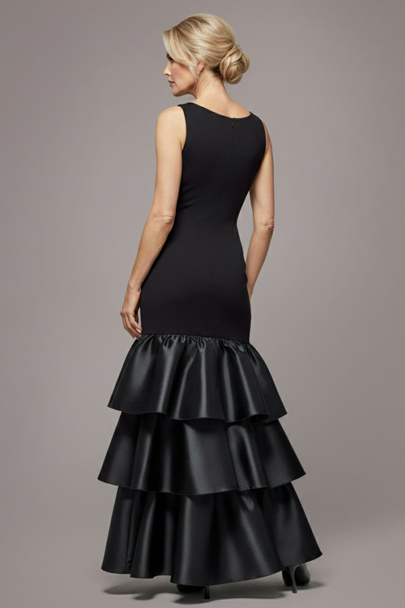 Boat Neck Satin & Scuba Crepe Tiered Maxi Dress - Black DR4682M