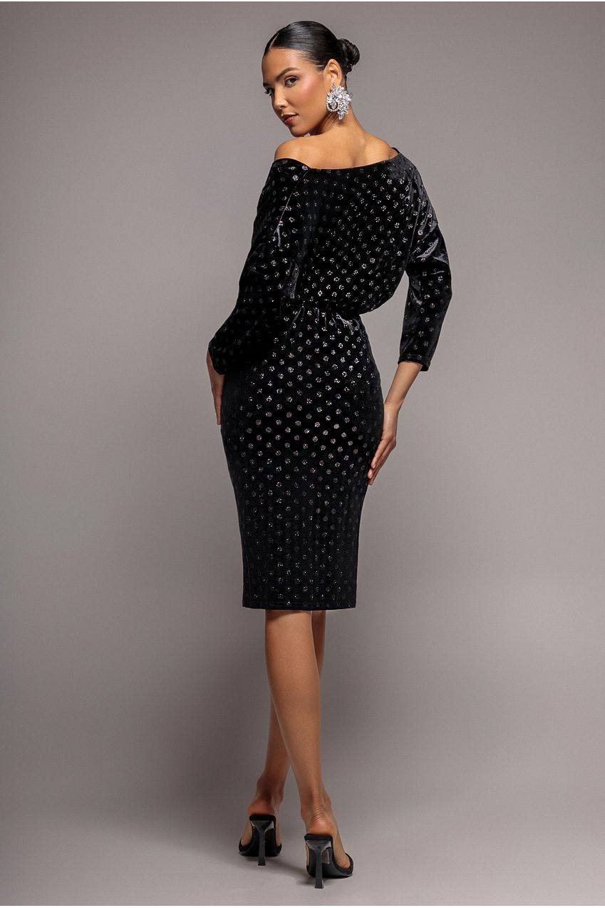 Glitter Velvet Cowl Neck Sheath Midi Dress - Black DR4691
