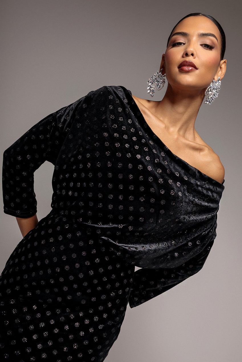 Glitter Velvet Cowl Neck Sheath Midi Dress - Black DR4691