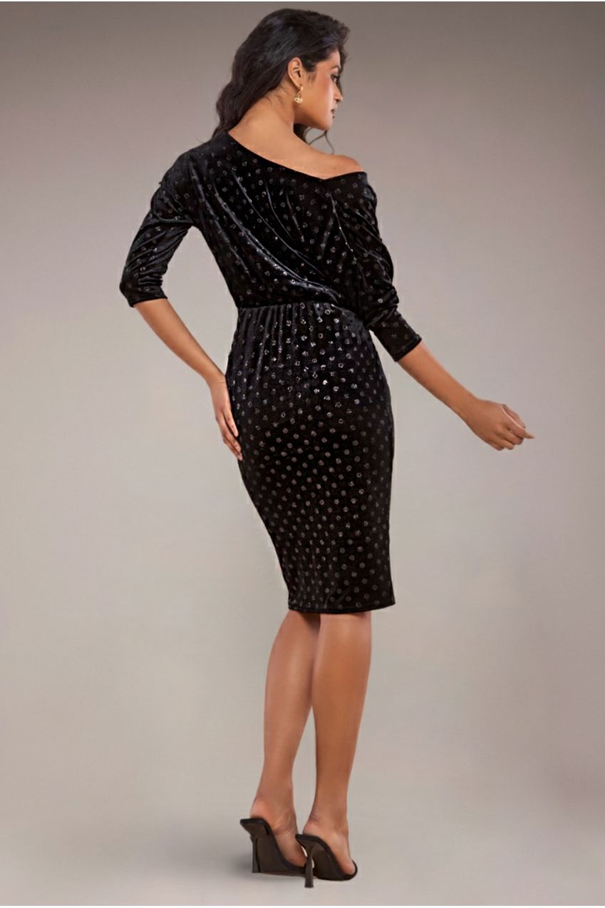 Glitter Velvet Cowl Neck Sheath Midi Dress - Black DR4691