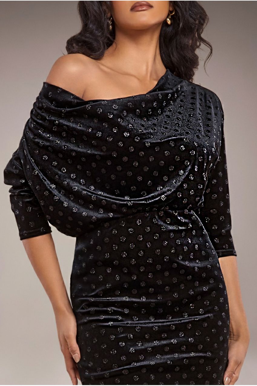 Glitter Velvet Cowl Neck Sheath Midi Dress - Black DR4691
