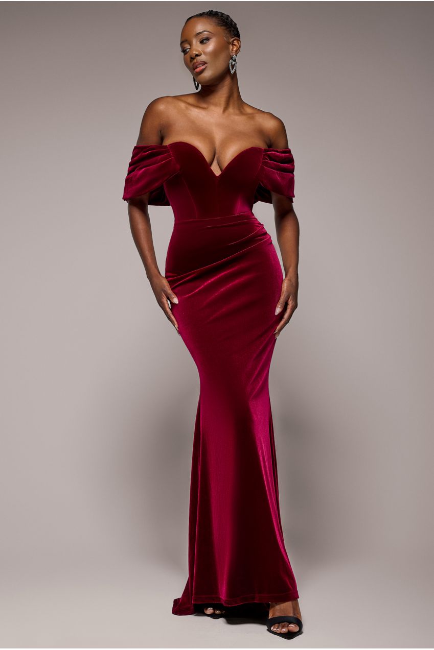 Off The Shoulder Deep Plunge Velvet Maxi Dress - Burgundy DR4692