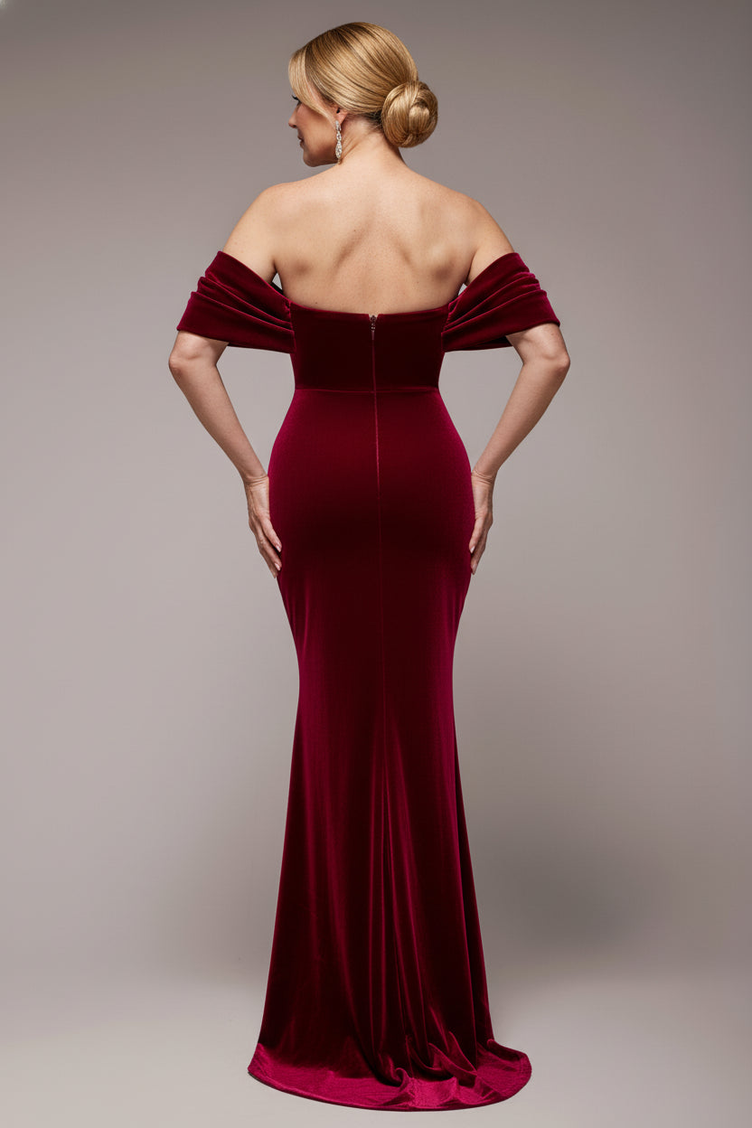 Off The Shoulder Deep Plunge Velvet Maxi Dress - Burgundy DR4692M