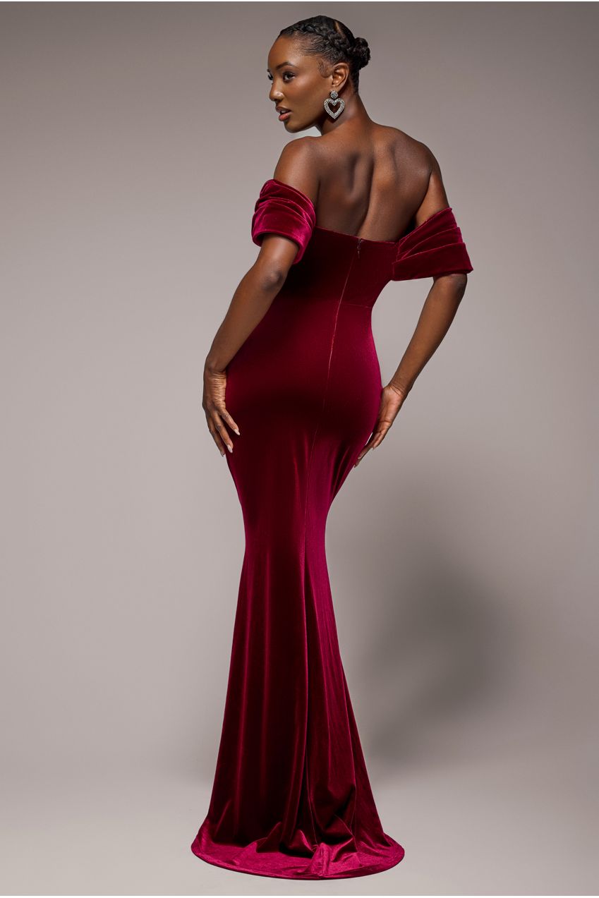 Off The Shoulder Deep Plunge Velvet Maxi Dress - Burgundy DR4692
