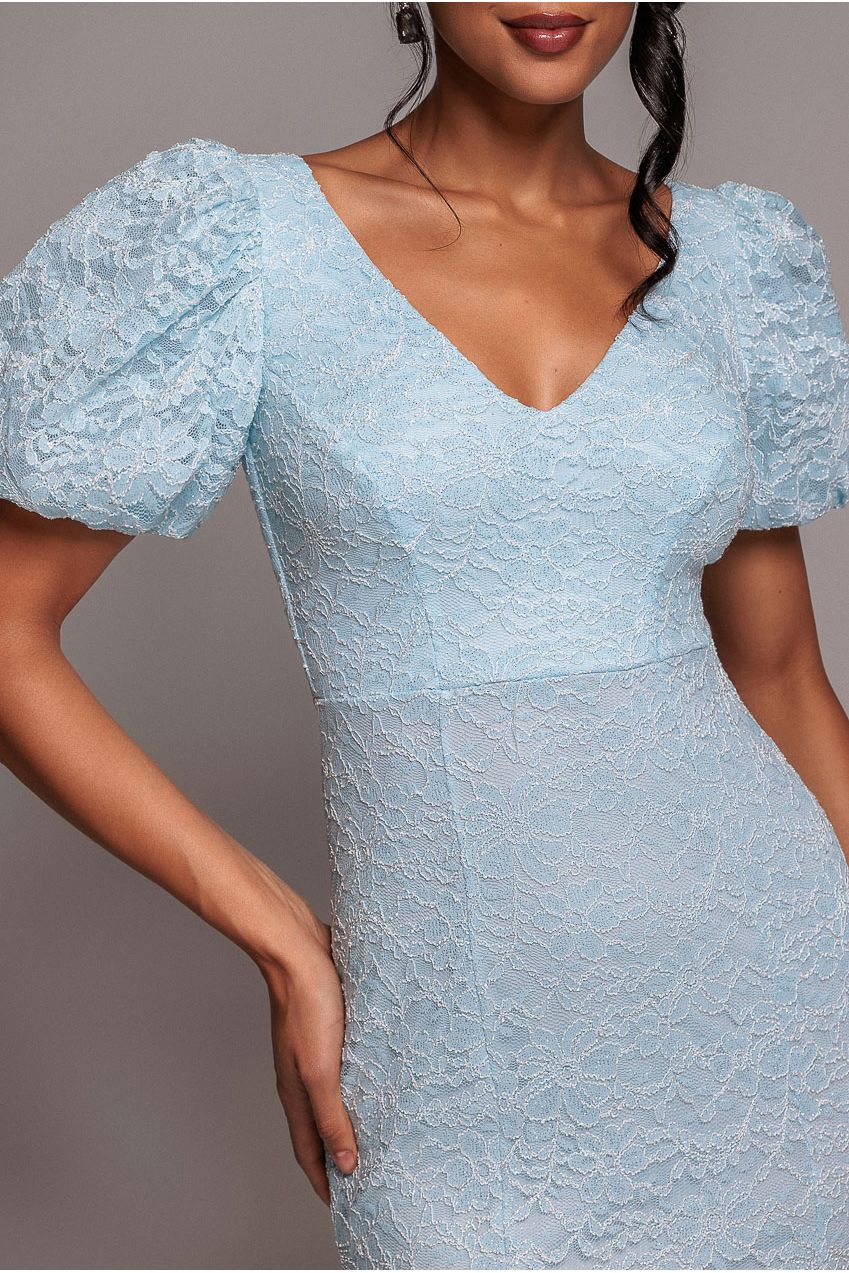 Scallop Lace Puff Sleeve Fit & Flare Midi Dress - Sky Blue DR4694
