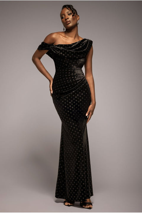 Glitter Velvet Cowl Neck Off The Shoulder Maxi Dress - Black by Goddiva