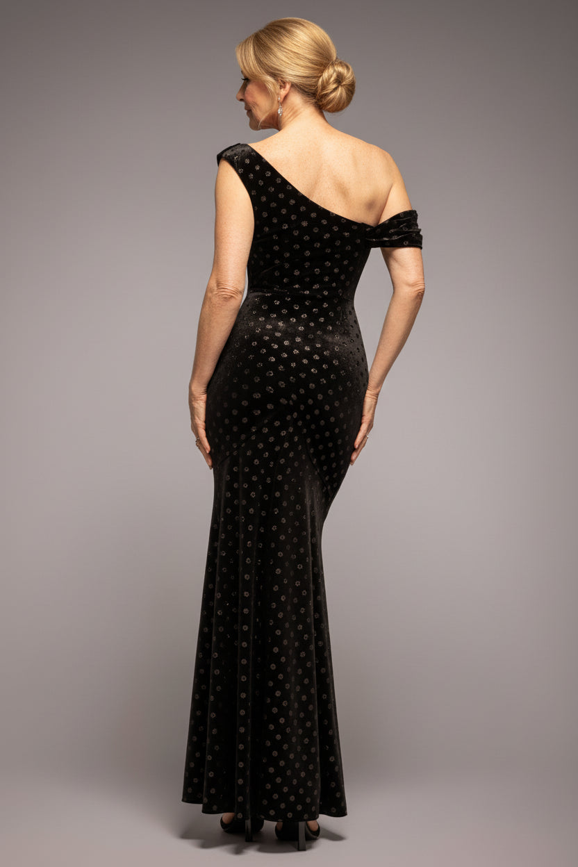 Glitter Velvet Cowl Neck Off The Shoulder Maxi Dress - Black DR4696M