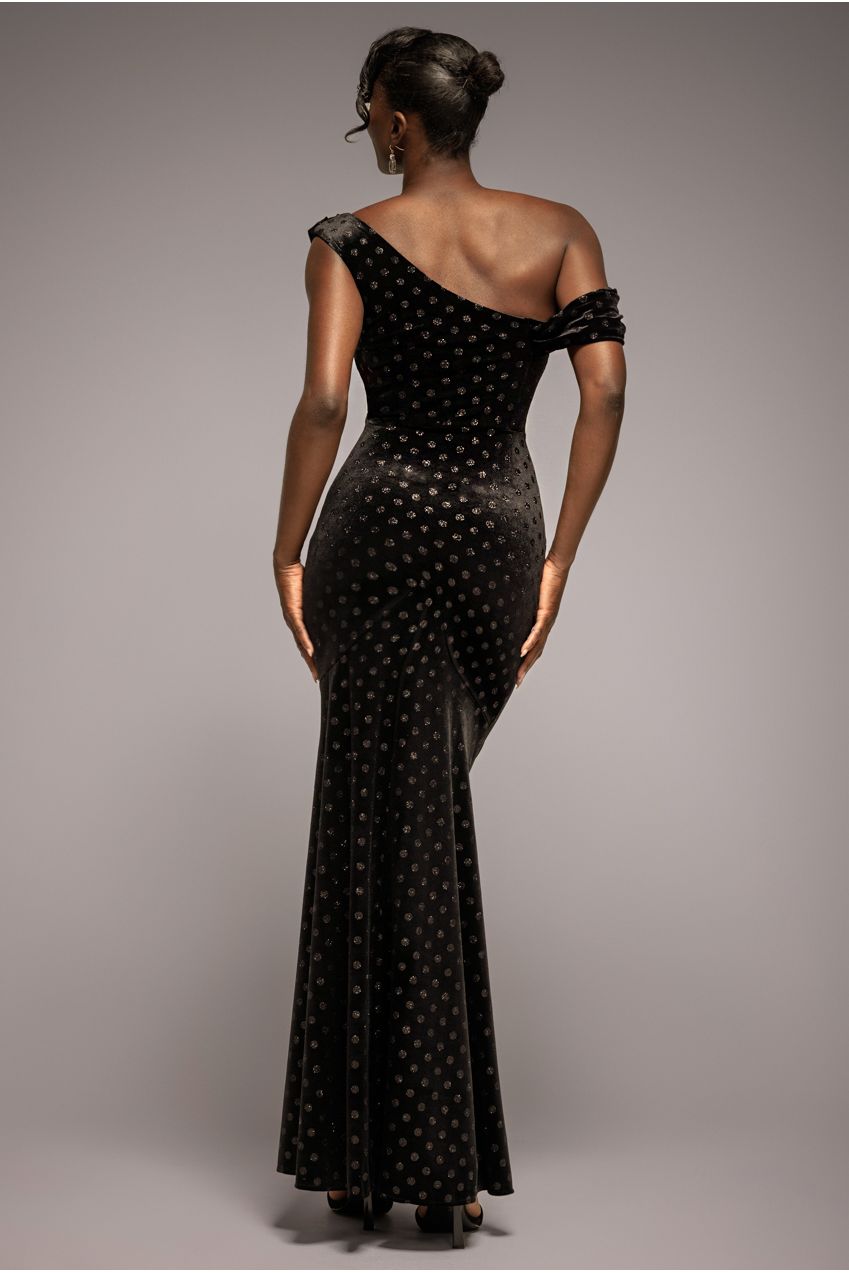 Glitter Velvet Cowl Neck Off The Shoulder Maxi Dress - Black DR4696